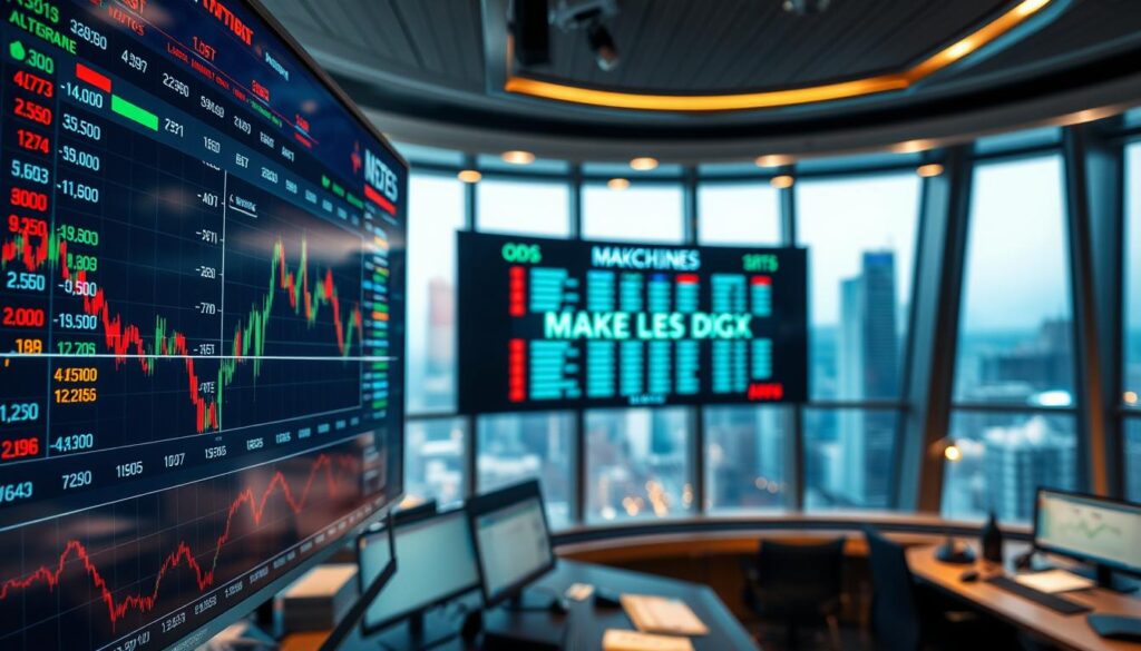 A bustling live betting market analysis displayed on a series of high-resolution screens. In the foreground, a detailed chart showcases real-time odds and line movements, with color-coded indicators and annotated data points. The middle ground features a large LED ticker displaying the latest updates and breaking news, creating a sense of immediacy and urgency. In the background, a sleek, modern control room setting with a panoramic view of the financial district, bathed in the warm glow of natural and artificial lighting. The overall atmosphere conveys a sense of intensity, dynamism, and professionalism, perfectly suited for the "Real Examples: Reading Market Shifts" section.