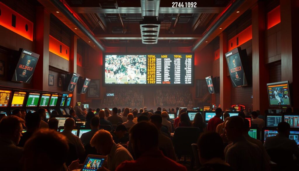 A bustling sports betting parlor, dimly lit with a warm amber glow. In the foreground, a group of gamblers intently studying odds and statistics, their faces illuminated by the glow of a holographic display. In the middle ground, a towering video screen broadcasts live sports events, the crowd's energy palpable. In the background, a wall-sized scoreboard tracks the latest totals, the numbers flickering and changing rapidly. The atmosphere is one of intense focus and anticipation, as bettors carefully weigh their options, drawn to the allure of predicting the total score.