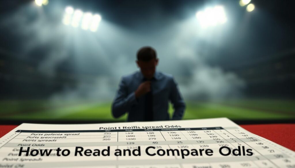 A close-up view of a betting slip or odds board, set against a dimly lit, atmospheric backdrop. The foreground displays the betting options, odds, and point spreads in a clear, legible manner, allowing the viewer to easily interpret and compare the information. The middle ground features a shadowy figure, representing the bettor, studying the details intently. The background is hazy, with muted lighting and a sense of anticipation, conveying the tension and excitement of the betting market. The overall composition and lighting create a visually striking and informative image that effectively illustrates the "How to Read and Compare Odds" section of the article.