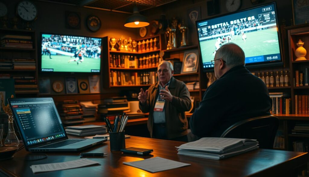 A cozy sports betting shop, dimly lit with warm amber lighting. In the foreground, a wooden desk holds betting slips, pens, and a laptop displaying live odds. On the wall, a large TV screen broadcasts sports highlights, casting a soft glow across the scene. In the middle ground, a pair of experienced bettors discuss strategies, gesturing animatedly. The background is filled with shelves of betting books, trophies, and memorabilia, creating a sense of expertise and authority. The overall atmosphere is contemplative, as if the viewer is privy to an intimate moment of seasoned bettors sharing their insights.