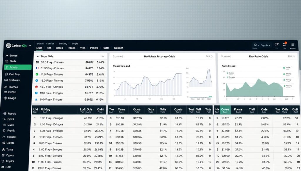 A detailed comparison of sports spread betting odds displayed on a sleek, modern website interface. The foreground features a clean, minimalist layout with rows of neatly organized odds data for various sporting events. The middle ground showcases a series of easy-to-read charts and graphs highlighting key odds trends and fluctuations. The background is a subtle, gradient-based pattern in muted tones, creating a professional, data-driven ambiance. The overall composition conveys a sense of clarity, precision, and the ability to make informed betting decisions by comparing odds across multiple bookmakers.