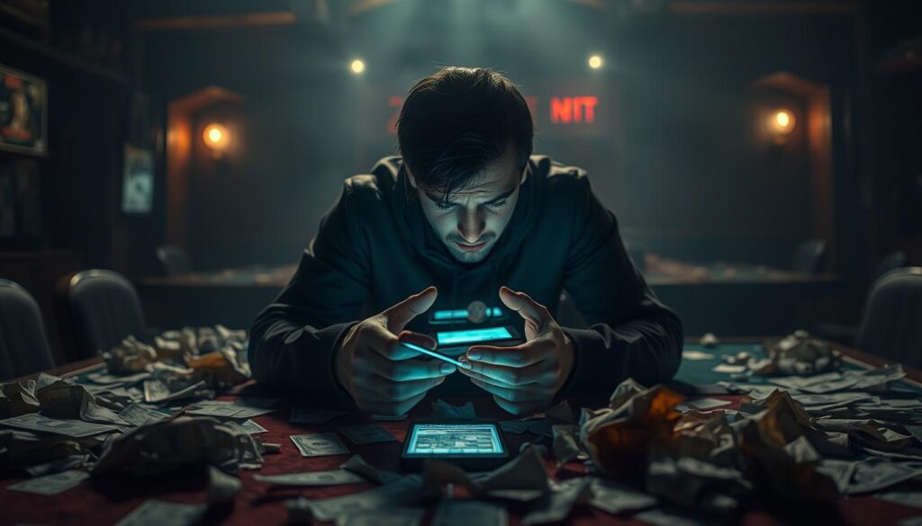 A dimly lit gambling den, tables covered in betting slips and crumpled cash. In the center, a distraught figure hunched over a smartphone, fingers trembling as they frantically place yet another bet, chasing the losses that haunt their every move. The air is thick with tension, the soft glow of screens casting an eerie light on the scene. Shadows loom, hinting at the deeper consequences of this spiral of reckless decision-making. The image conveys the anxiety, desperation, and the heavy price of sports betting mistakes, a cautionary tale of the dangers of chasing losses.
