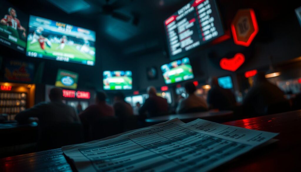 A dimly lit sports betting parlor, with a well-worn betting slip in the foreground. Bettors gathered around a counter, scrutinizing odds and making hurried decisions. Overhead, a large screen displays live sporting events, casting a pulsing glow across the room. In the background, a sense of tension and anticipation as bettors weigh their options, hoping to avoid common mistakes - rushing into bets, chasing losses, or relying on superstition over logic. Moody lighting and a sense of urgency convey the high-stakes nature of sports betting, a cautionary tale for the uninitiated.