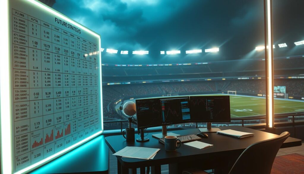 A dynamic tableau of sports betting strategies. In the foreground, a radiant board displays a grid of futures odds, charts, and probability metrics, casting a soft, analytical glow. In the middle ground, a trader's desk with a dual-screen setup, papers, and a coffee mug, conveying the methodical approach. In the background, a vast stadium looms, its towering stands and field hinting at the high-stakes world of sports betting. Dramatic, moody lighting casts dramatic shadows, evoking the tension and excitement of the game. A cinematic, futuristic interpretation of sports betting futures strategies.