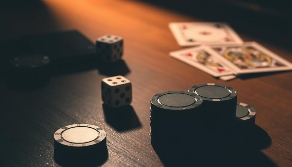 A serene, dimly lit scene of a wooden table with various betting chips, dice, and playing cards neatly arranged. In the foreground, a stack of poker chips in different denominations, casting soft shadows. In the middle ground, a pair of dice resting on the table, their edges highlighted by warm, low-angle lighting. In the background, a few playing cards are fanned out, their intricate patterns and colors subtly visible. The overall composition conveys a sense of strategy, decision-making, and careful consideration of bankroll management.