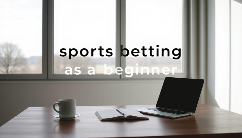 A serene, minimalist home office setup with a laptop, notebook, and a cup of coffee on a wooden desk. The background features a large window overlooking a tranquil outdoor scene, with soft, natural lighting illuminating the space. The atmosphere conveys a sense of focus and realistic expectations for sports betting as a beginner, encouraging thoughtful and measured approach to the subject matter.