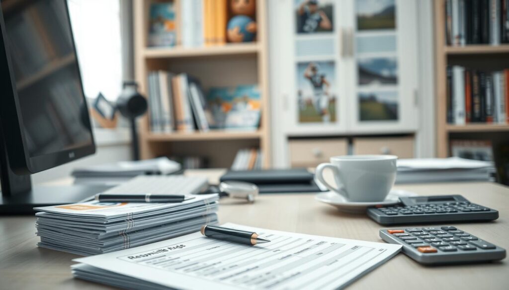 A serene office setting with a desktop computer, pen, and notepad. In the foreground, a stack of betting slips and a responsible gambling brochure. The middle ground features a wristwatch, a cup of coffee, and a calculator, symbolizing the need for time, focus, and financial discipline. The background showcases a bookshelf with various sports-related publications, suggesting a knowledgeable and informed approach to betting. Soft, natural lighting creates a calming atmosphere, while the composition emphasizes the importance of responsible wagering strategies.