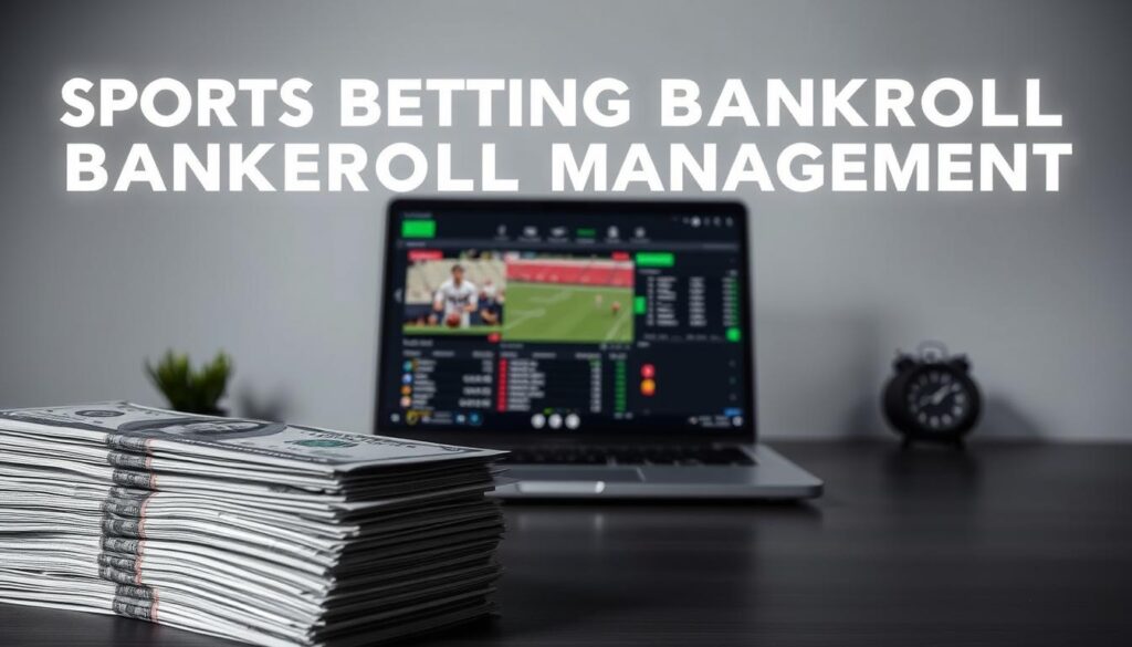 A sleek, minimalist image showcasing the essentials of sports betting bankroll management. In the foreground, a stack of crisp dollar bills, conveying the concept of a well-managed betting bankroll. In the middle ground, a sports event playing on a laptop screen, representing the live and in-play betting scenario. The background is a clean, monochromatic setting, with subtle textures and patterns to create a sense of professionalism and financial discipline. The lighting is soft and directional, highlighting the key elements and creating a sense of depth and focus. The overall mood is one of control, strategy, and responsible betting practices.