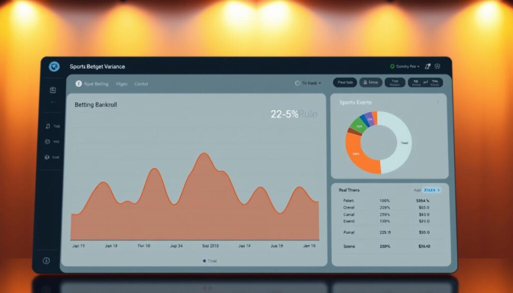 A sports betting budget variance visualization depicting a financial dashboard. In the foreground, a line graph displays fluctuations in a betting bankroll over time, with highs and lows clearly marked. The middle ground showcases a pie chart breaking down the budget allocation for different sports and events. In the background, a sleek, minimalist interface with intuitive controls allows the user to adjust parameters and view real-time analytics. Warm lighting creates a sense of professionalism, while the overall design is clean, data-driven, and easy to interpret at a glance, reflecting the "2%-5% Rule" concept.