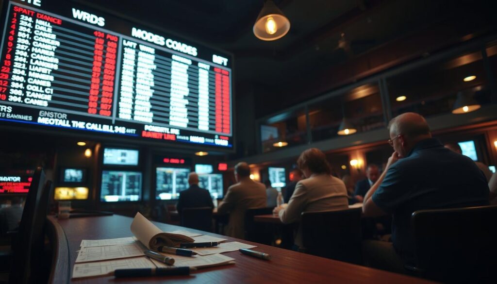 A sports betting parlor interior with a large screen displaying a moneyline odds board. The foreground features a wooden counter with betting slips and pens, evocative of the energy and anticipation of live sports wagers. The middle ground showcases a group of bettors intently studying the odds, creating a sense of focus and concentration. The background depicts a dimly lit room with subtle lighting, evoking the atmosphere of a classic sports betting establishment. The overall scene conveys the essence of moneyline betting - the thrill of predicting the outright winner of a sporting event.