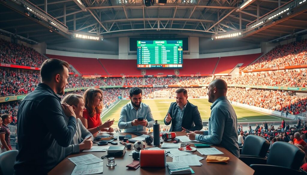 A sports stadium with a vibrant atmosphere, the foreground features a group of people enthusiastically discussing sports betting tips. They are gathered around a table, various betting slips and sports memorabilia scattered across its surface. In the middle ground, a large screen displays live sports event data and betting odds. The background showcases the stadium's grandstands, filled with cheering fans. The lighting is a mix of warm, natural sunlight and the glow of digital displays, creating a dynamic and engaging scene. The overall mood is one of excitement and anticipation, reflecting the thrill of sports betting for beginners.
