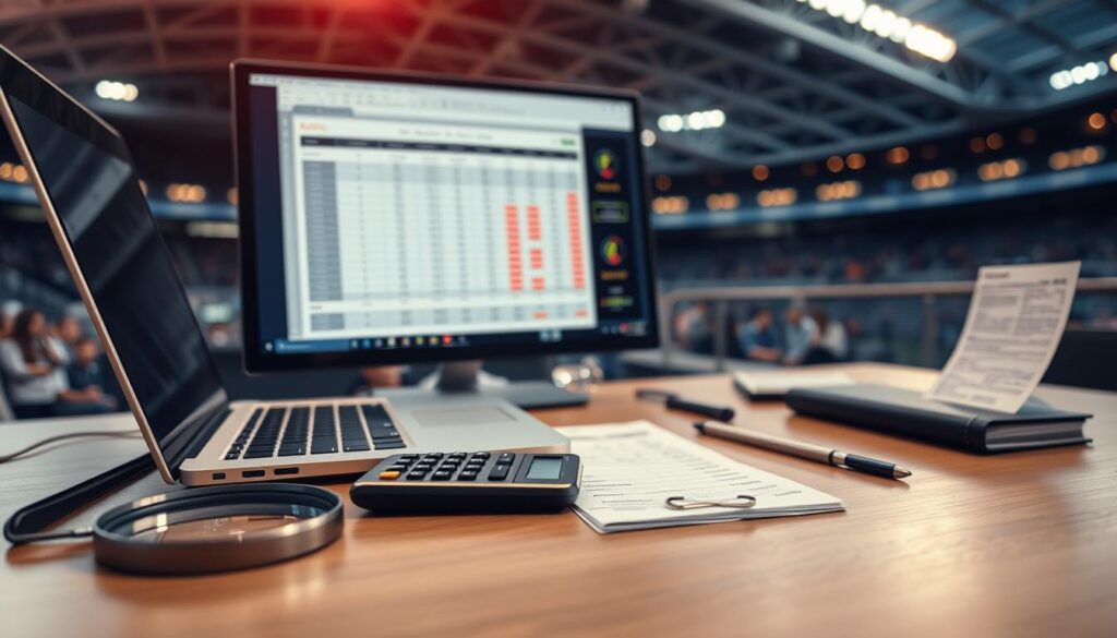 A strategic sports betting analysis table with a laptop, smartphone, and betting slip on a wooden desk. The foreground features a magnifying glass and calculator, symbolizing the meticulous examination of data. The middle ground showcases a monitor displaying a spreadsheet with performance metrics and statistical visualizations. The background is a subtle, blurred sports arena, evoking the context of the subject matter. Warm, focused lighting illuminates the scene, creating a sense of analytical intensity. The overall mood is one of thoughtful, data-driven decision-making in the world of sports betting.