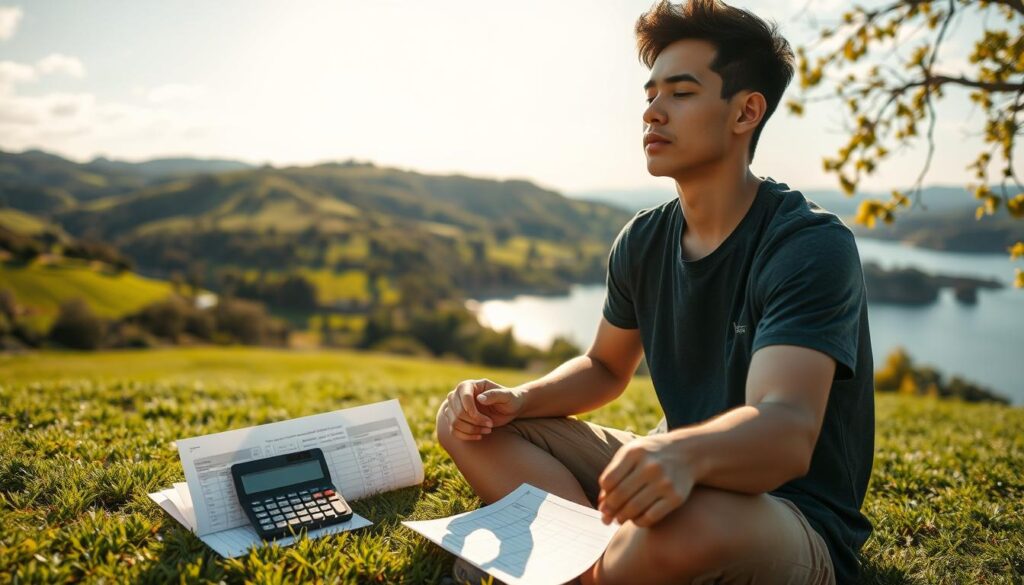 A thoughtful individual contemplates responsible sports betting strategies amid a serene, sun-dappled setting. The foreground features a person sitting cross-legged, eyes closed in quiet reflection, their expression calm and focused. The mid-ground depicts a sports betting slip and a calculator, symbolizing the careful analysis and discipline required for responsible play. The background showcases a picturesque landscape, with rolling hills, lush greenery, and a tranquil lake, creating a sense of balance and harmony. The lighting is soft and natural, lending a warm, contemplative atmosphere to the scene. Captured through a wide-angle lens, the composition conveys a sense of perspective and introspection, inviting the viewer to consider the importance of responsible sports betting practices.