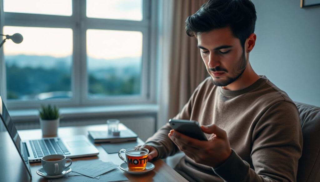 A tranquil scene of responsible sports betting habits. In the foreground, a person thoughtfully examines betting odds on a mobile device, their expression one of calm deliberation. The middle ground features a desk with a neatly organized workspace, including a laptop, betting slips, and a cup of tea, conveying a sense of structure and discipline. In the background, a window overlooks a serene, natural landscape, symbolizing the importance of balance and perspective in sports betting. Soft, diffused lighting creates a contemplative atmosphere, while a warm color palette reinforces the notion of responsible, sustainable gambling practices.