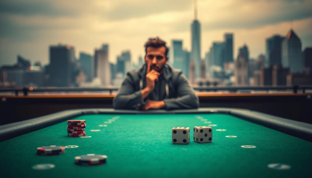 A tranquil sports betting table with a green felt surface, poker chips, and a pair of dice in the foreground. In the middle ground, a thoughtful individual contemplating their next move, their expression conveying a sense of responsible decision-making. The background features a blurred cityscape, hinting at the thrill and excitement of the urban betting landscape, yet maintaining a serene and measured atmosphere. Warm, diffused lighting illuminates the scene, creating a contemplative and educational mood.
