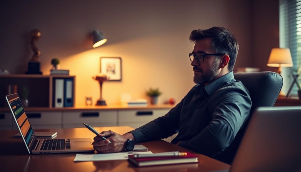 A tranquil, well-lit office setting with a laptop, pen, and notepad on a clean, organized desk. In the foreground, a responsible gambler contemplates betting strategies, their expression focused yet calm. The background features subtle visual cues related to sports, such as a sports trophy or memorabilia, conveying the topic of responsible totals betting. The lighting is warm and inviting, creating a sense of thoughtfulness and responsibility. The overall atmosphere is one of considered decision-making, financial prudence, and a commitment to ethical sports wagering.