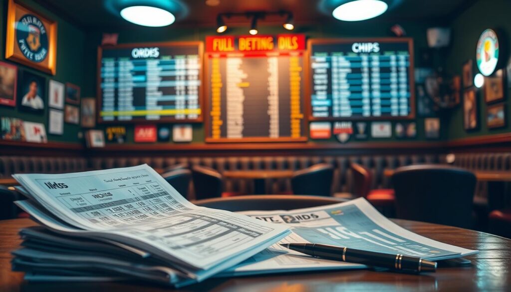 A well-lit, high-quality photograph of sports betting tips for beginners. In the foreground, a stack of betting slips, a pen, and a sports newspaper. In the middle ground, a betting odds board with various sports events and their corresponding odds. In the background, a cozy sports bar setting with comfortable seating, warm lighting, and sports memorabilia on the walls. The overall atmosphere is one of expertise, strategy, and the excitement of sports betting. The image should convey a sense of thoughtful, informed decision-making for those new to the world of sports betting.