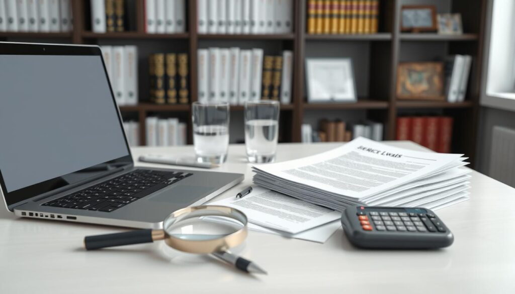 A well-lit, high-resolution 3D render of a sports betting advisor's desk, featuring an open laptop, a stack of legal documents, and a sports betting odds calculator. The foreground showcases a magnifying glass scrutinizing the legal fine print, while the middle ground displays a glass of water and a pen neatly positioned. The background depicts a bookshelf filled with sports betting guides and a framed diploma, conveying a sense of expertise and professionalism. The overall mood is one of thoughtful analysis and legal compliance, suitable for guiding beginners through the legal landscape of sports betting.