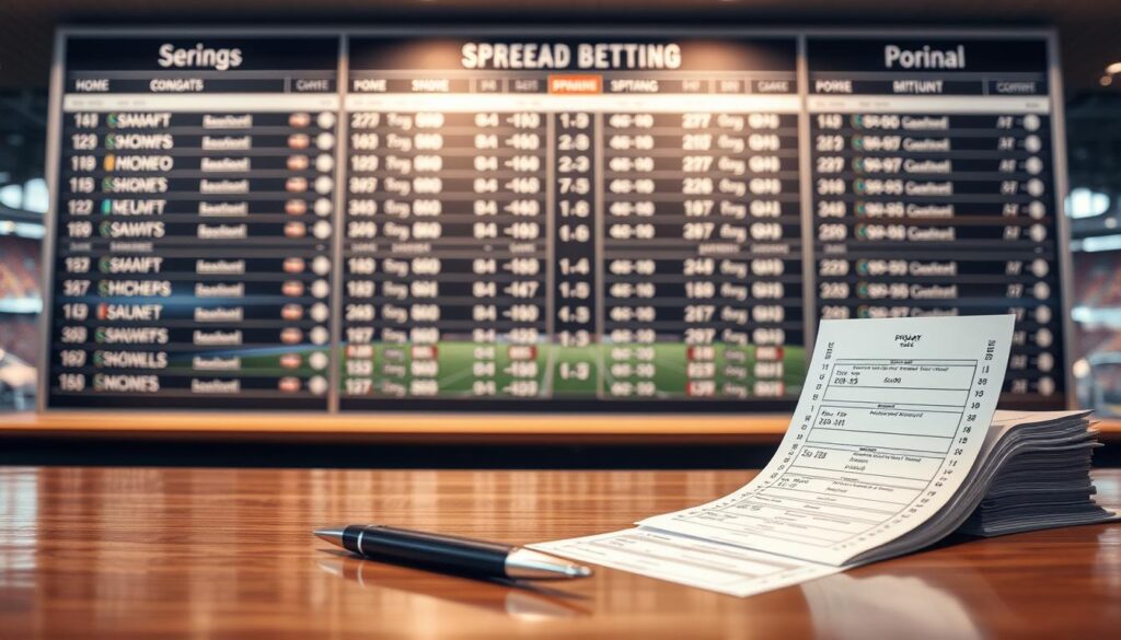 A well-lit, realistic scene of a sports betting board displaying various spread betting options. In the foreground, a stack of betting slips and a pen sit on a polished wooden table. The middle ground features the betting board, with clear, legible odds and point spreads for popular sports events. The background shows a subtle, out-of-focus view of a sports stadium or arena, conveying the connection between sports and betting. The overall atmosphere is one of professionalism and sophistication, with a neutral color palette and clean, minimalist design elements. The lighting is soft and natural, creating depth and highlighting the key elements of the scene.