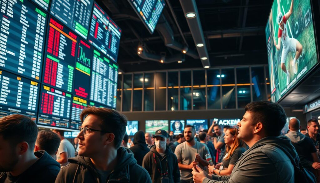 a high-stakes sports betting arena, with a wide array of sports betting odds and spreads displayed on large digital screens. The foreground features a group of sports fans intently studying the betting lines, their expressions a mix of concentration and anticipation. The middle ground showcases a dynamic, immersive atmosphere with sports commentary playing in the background and the occasional cheer or groan from the crowd. The background reveals a sleek, modern sportsbook setting, with floor-to-ceiling windows allowing natural light to filter in, creating a sense of energy and excitement. The overall lighting is a balanced mix of warm and cool tones, capturing the intensity and thrill of sports spread betting.