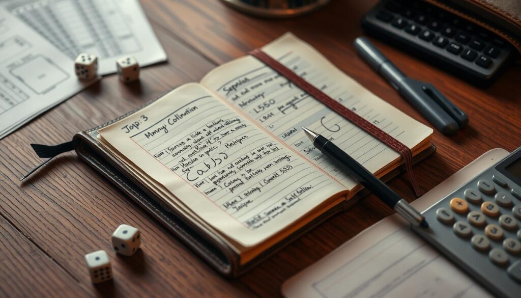 a leather-bound journal with a personal betting strategy written inside, resting on a wooden table with a pen, a pair of dice, and a calculator nearby, all under soft, warm lighting, creating a contemplative and analytical atmosphere for a bettor's record-keeping and decision-making process