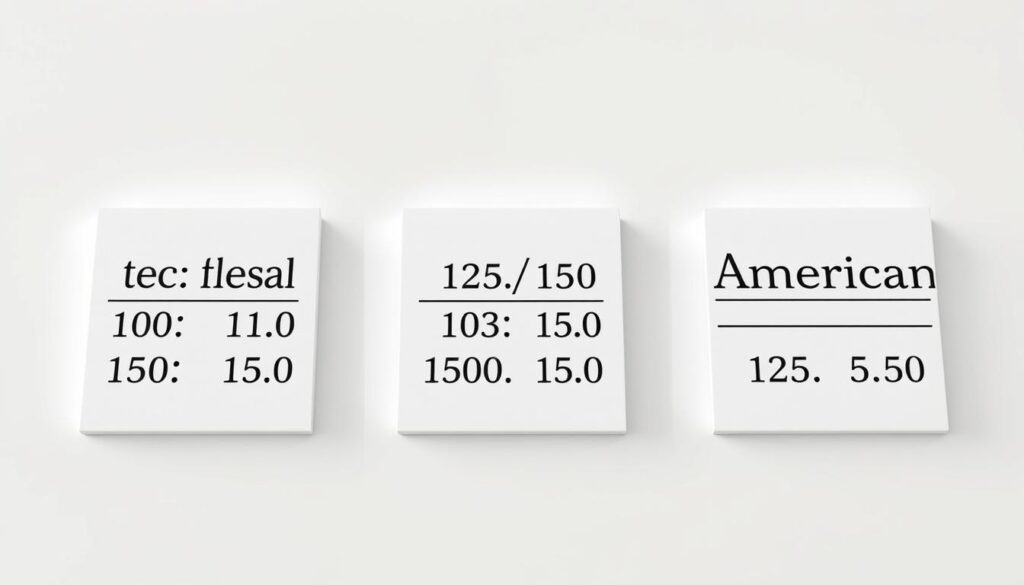 A close-up, high-resolution, photorealistic image of three side-by-side columns displaying decimal, fractional, and American odds formats. The columns are neatly arranged on a clean, minimalist table surface with a soft shadow underneath. Lighting is natural and even, creating a crisp, well-lit scene. The decimal column shows odds in a clear, bold font, the fractional column displays elegant cursive numerals, and the American column has a classic, typewritten appearance. The overall composition is balanced and visually appealing, emphasizing the distinct characteristics of each odds format in a manner that is informative and easy to understand.