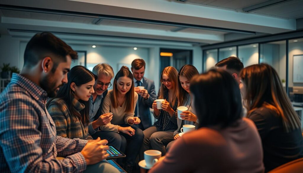 A cozy community gathering, a circle of friends sharing insights and strategies for responsible sports betting. In the foreground, a group of people intently discussing betting techniques on a large touchscreen display, their faces lit by the warm glow of the screen. In the middle ground, others sip coffee and trade tips, a sense of camaraderie and shared purpose filling the air. The background features a stylish, minimalist office space, with clean lines, subtle lighting, and a sense of professionalism. The overall mood is one of collaboration, trust, and a shared commitment to building a supportive community around responsible sports betting.