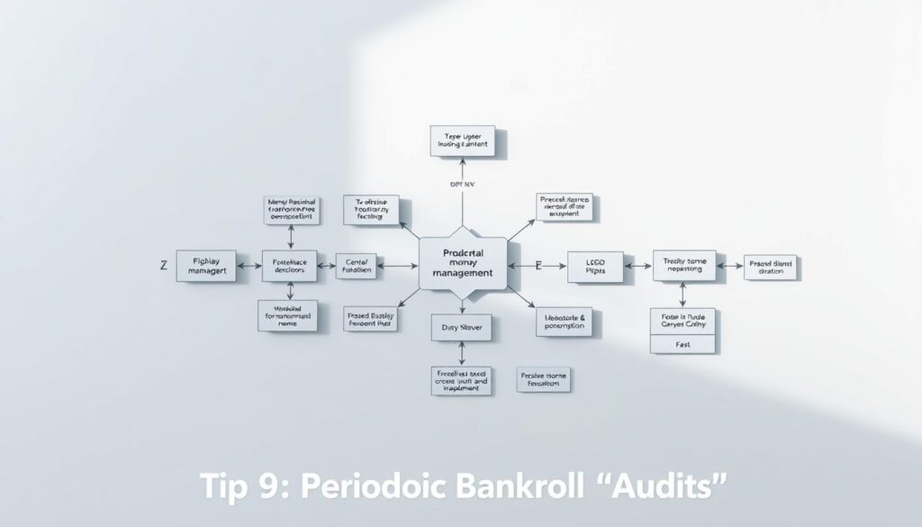 A detailed and visually engaging money management flowchart set against a clean, minimalist background. The foreground features a series of interconnected geometric shapes and arrows, illustrating the various stages and decision points of effective financial planning. The color palette is subdued, with muted tones of blue, gray, and white, creating a sense of professionalism and precision. Lighting is soft and diffused, casting gentle shadows that add depth and dimension to the design. The overall composition is balanced and symmetrical, drawing the viewer's eye through the logical flow of the diagram. This image will serve as a clear, informative visual aid to complement the "Tip 9: Periodic Bankroll 'Audits'" section of the article.