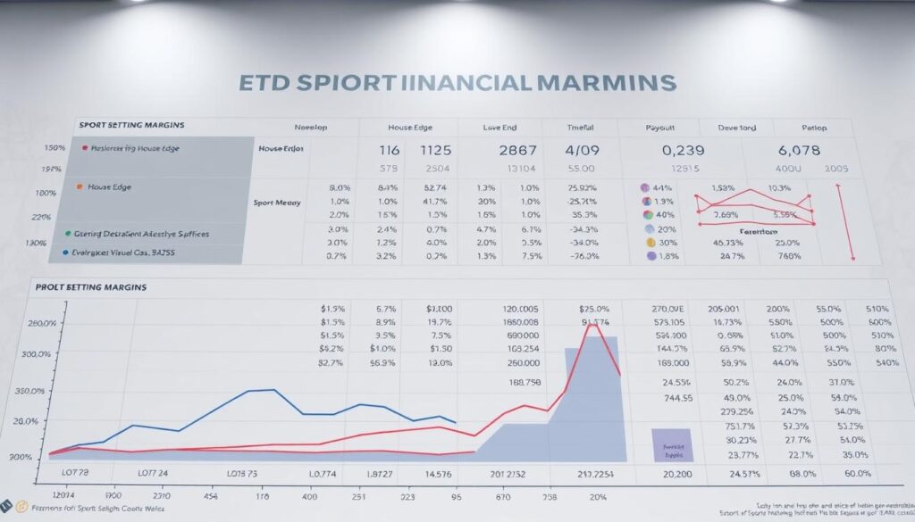 A detailed data visualization showcasing the intricate financial analysis of sports betting margins. In the foreground, a comprehensive graph displaying various metrics like house edge, payout ratios, and profit margins. In the middle ground, a clean layout of numerical data and statistics, presented in a professional, data-driven manner. The background features a subtle, muted color scheme with geometric patterns, conveying a sense of analytical rigor. The lighting is soft and evenly distributed, allowing the data visualization to take center stage. The camera angle is slightly elevated, providing a bird's-eye view for a clear, unobstructed presentation of the analytical insights.