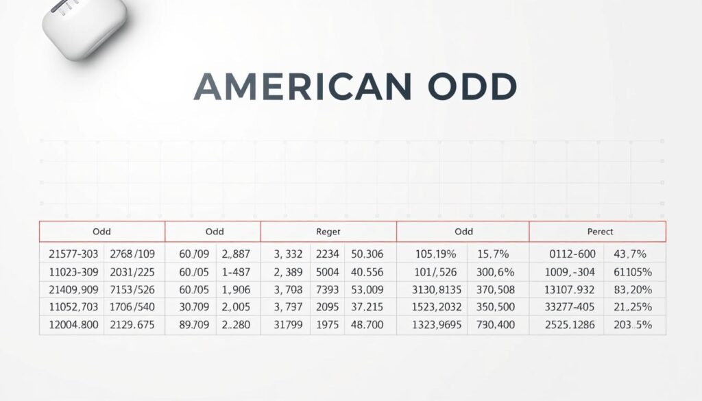 A detailed infographic showcasing the breakdown of American odds, displayed on a clean, minimalist background. The foreground features a neatly organized grid of numerical odds and their corresponding probability percentages, presented in a clear, easy-to-understand layout. The middle ground includes subtle grid lines and geometric shapes that complement the data visualization, while the background maintains a neutral, slightly textured tone to ensure the information remains the focal point. Soft, directional lighting from the top left casts gentle shadows, adding depth and dimension to the overall composition. The overall mood is one of informative clarity, guiding the viewer through the intricacies of how odds translate to probability.