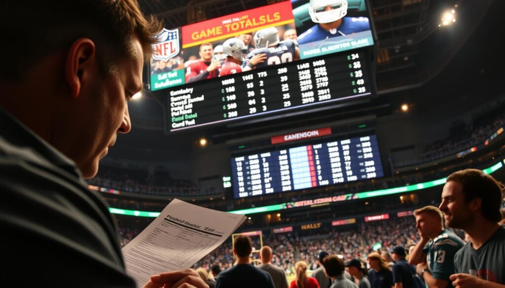 A modern sports arena with a large scoreboard displaying NFL game totals statistics. In the foreground, a sports bettor examining a betting slip, their face partially obscured in shadow. The middle ground features a group of fans eagerly watching the game, their expressions a mix of tension and excitement. The background depicts the bustling atmosphere of the arena, with concession stands, team banners, and the faint sound of the crowd's cheers. The lighting is a combination of warm, focused spotlights and the cool, digital glow of the scoreboard, creating a dramatic, cinematic mood. The overall scene conveys the thrill and strategy of totals betting in the high-stakes world of professional football.