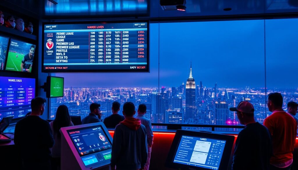 A neon-lit sports betting lounge, with a large digital display showcasing live odds for Premier League and NFL games side-by-side. In the foreground, a sleek betting kiosk with a touchscreen interface, surrounded by sports memorabilia and LED-backlit wagering boards. The middle ground features bettors intently studying the odds, their faces illuminated by the glow of the displays. In the background, a panoramic view of a bustling city skyline, creating a sense of urban excitement and high-stakes competition.