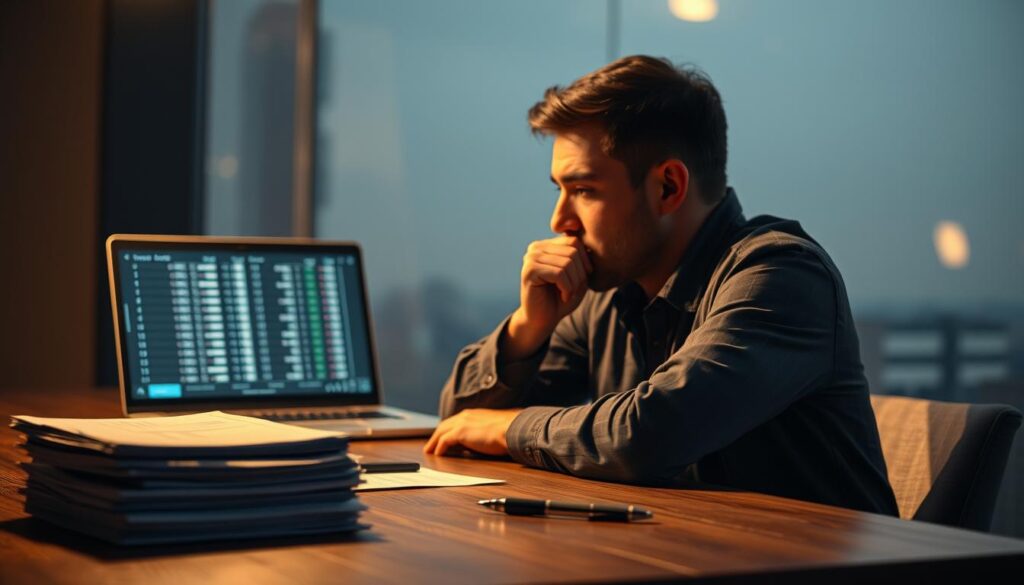 A responsible gambler sits at a wooden table, deep in contemplation. The lighting is warm and ambient, casting a thoughtful glow on their face. In the foreground, a stack of betting slips and a pen symbolize the decision-making process. In the middle ground, a laptop displays odds and probabilities, guiding the gambler's strategy. The background features a muted cityscape, suggesting the broader context of financial responsibility. The scene conveys a sense of careful deliberation, with the gambler weighing the risks and rewards of their next move.