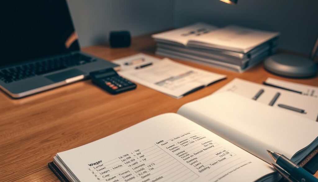 A sleek, minimalist desk with a neatly organized array of financial documents, a laptop, and a calculator. The scene is illuminated by a warm, subtle overhead light, casting a soft glow on the wooden surface. In the foreground, a leather-bound notebook lies open, its pages filled with meticulously recorded betting details - wagers, units, results, and timestamps. The layout is clean and visually appealing, reflecting the importance of diligent record-keeping in sports betting performance tracking.