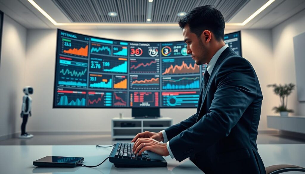 A sleek, minimalist office setting with a large, curved display screen showcasing a variety of financial charts, graphs, and data visualizations. In the foreground, a person in a suit is intently studying the screen, their hands poised over a high-end gaming keyboard, conveying a sense of focused, strategic decision-making. Soft, directional lighting from above casts a warm, contemplative glow, while the background features a clean, modern interior with subtle hints of the future, such as autonomous robotic assistants or holographic displays. The overall mood is one of technological sophistication, financial acumen, and a forward-thinking approach to sports betting and futures trading.