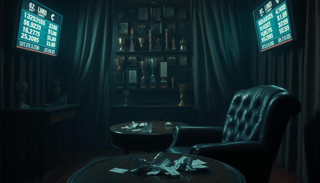 A somber scene of a gambler's den, dimly lit by the glow of LED screens displaying betting limits. In the foreground, a worn leather armchair faces a wooden table, scattered with crumpled betting slips and an overturned glass. The middle ground reveals a wall of trophies and plaques, tarnished by the passage of time, a reminder of past victories now overshadowed by the allure of the game. The background is hazy, with a sense of unease, as the curtains sway, casting flickering shadows across the room, suggesting the restless energy of a mind consumed by the pursuit of ever-higher stakes.