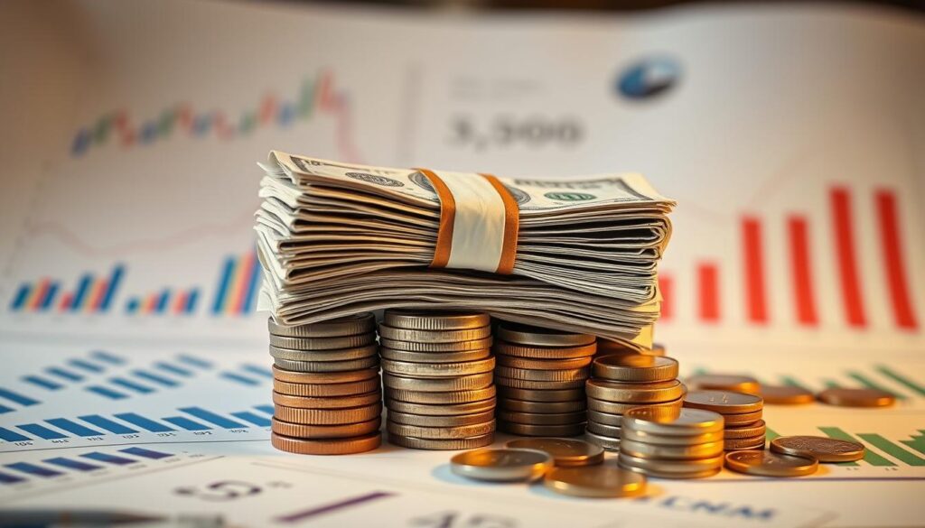 A stack of cash and coins representing a bankroll, surrounded by financial charts, graphs, and investment strategies. The scene is illuminated by a warm, focused light, creating a sense of seriousness and importance. The background is slightly blurred, allowing the financial instruments to take center stage. The overall composition conveys a sense of careful planning, strategic thinking, and responsible money management. A stack of cash and coins representing a bankroll, surrounded by financial charts, graphs, and investment strategies. The scene is illuminated by a warm, focused light, creating a sense of seriousness and importance. The background is slightly blurred, allowing the financial instruments to take center stage. The overall composition conveys a sense of careful planning, strategic thinking, and responsible money management.