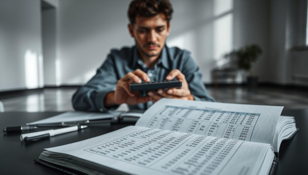 A thoughtful risk assessment of financial management, depicted through a well-lit, high-contrast scene. In the foreground, an open ledger with meticulously organized columns of numbers, representing the careful tracking of income, expenses, and investments. In the middle ground, a person's hands delicately manipulating a calculator, their face reflecting a pensive, analytical expression. The background showcases a clean, minimalist office space, with subtle geometric patterns on the walls and floor, conveying a sense of order and structure. The overall mood is one of measured control, prudent decision-making, and a keen awareness of the risks and rewards inherent in effective money management.