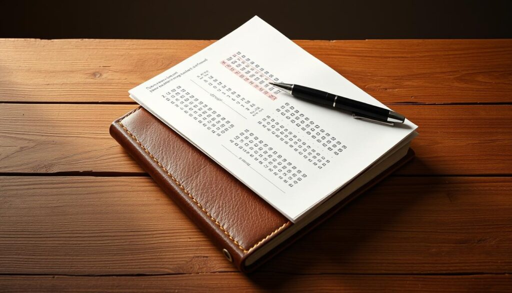 A tranquil scene of a wooden table, its surface adorned with a worn leather-bound notebook and a well-worn pen. Atop the notebook, crisp pages display various numerical formats, inviting the viewer to engage in the practice of converting betting odds. Soft, warm lighting illuminates the scene, casting a comforting glow and creating a serene atmosphere. The table is positioned against a neutral background, allowing the focus to remain on the task at hand. The overall composition evokes a sense of thoughtful contemplation, encouraging the viewer to immerse themselves in the process of understanding and mastering the different odds formats.