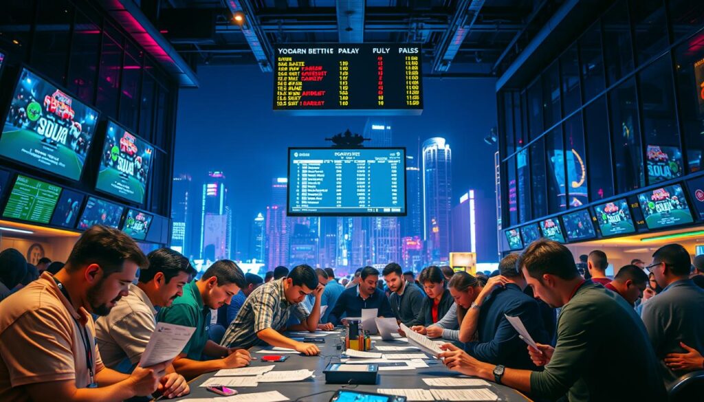 A busy sports betting scene set in a modern, neon-lit urban environment. In the foreground, a group of enthusiastic bettors gathered around a table, studying betting slips and discussing parlay strategies. The middle ground features a large electronic scoreboard displaying the latest sports scores and odds. In the background, the city skyline is illuminated by vibrant, colorful lights, creating an electrifying atmosphere. The lighting is dramatic, with a mix of warm and cool tones, capturing the intensity and excitement of the parlay betting experience. The camera angle is slightly elevated, providing a panoramic view of the bustling scene.