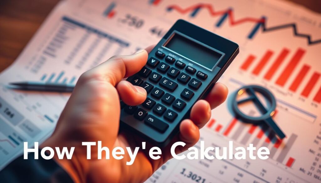 A close-up view of a hand holding a calculator, surrounded by sports betting odds, statistical graphs, and financial charts. The scene is illuminated by a warm, focused light, casting subtle shadows and highlighting the details. The background is softly blurred, drawing the viewer's attention to the central subject matter. The overall atmosphere conveys a sense of analytical precision and strategic decision-making, reflecting the "How They're Calculated" section of the article on decimal odds in sports betting.
