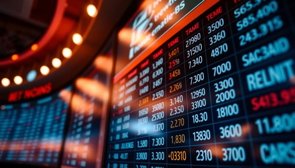 A close-up view of a sportsbook display, showcasing a grid of betting odds for various sporting events. The display is illuminated by warm, focused lighting, creating a sense of anticipation and excitement. The odds are presented in a clean, minimalist design, with clear numerical values and team/player names. The background is slightly blurred, emphasizing the centrality of the betting information. The angle is slightly elevated, giving the viewer a sense of being an informed spectator, ready to make an informed decision on their bets.