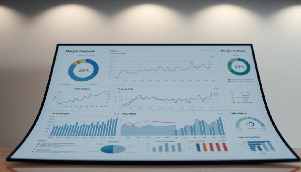 A close-up view of a sportsbook's margin analysis dashboard, showcasing intricate charts and graphs against a muted, professional backdrop. The lighting is soft and evenly distributed, creating a sense of clarity and focus. The layout is clean and minimalistic, with a sleek, modern aesthetic. The data visualizations are meticulously designed, conveying complex financial insights in an intuitive, easy-to-understand manner. The overall mood is one of analytical precision, inviting the viewer to delve into the nuances of value betting strategies.