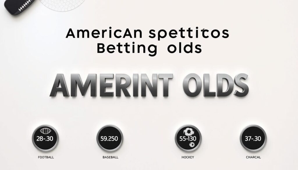 A crisp, clean-lined infographic showcasing the breakdown of American sports betting odds. A minimalist layout with clear, legible typography in a modern, sans-serif font. The foreground features a series of circular icons representing the major sports - football, basketball, baseball, hockey, and soccer - each with their corresponding American odds displayed in a uniform, easy-to-read format. The middle ground includes a sleek, metallic color scheme, perhaps shades of silver, gunmetal, and charcoal, conveying a sense of authority and professionalism. The background is a subtly textured, off-white surface, providing a clean, uncluttered canvas for the focal information. Soft, directional lighting from the top left casts gentle shadows, adding depth and dimension to the overall design. The mood is one of clarity, simplicity, and educational utility, perfectly suited to introduce the basic concepts of American betting odds to a beginner audience.