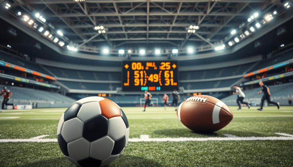 A crisp, clean-lined sports stadium filled with dynamic energy. In the foreground, a soccer ball, a basketball, and a football, each displaying prominent decimal odds. The midground showcases a large LED scoreboard, its numbers and graphics casting a vibrant glow. In the background, the sleek silhouettes of professional athletes take the field, their movements captured in a sense of fluid motion. Bright, evenly distributed lighting illuminates the scene, creating a sense of modern sophistication. The overall atmosphere exudes a spirit of friendly competition and the thrill of the game.