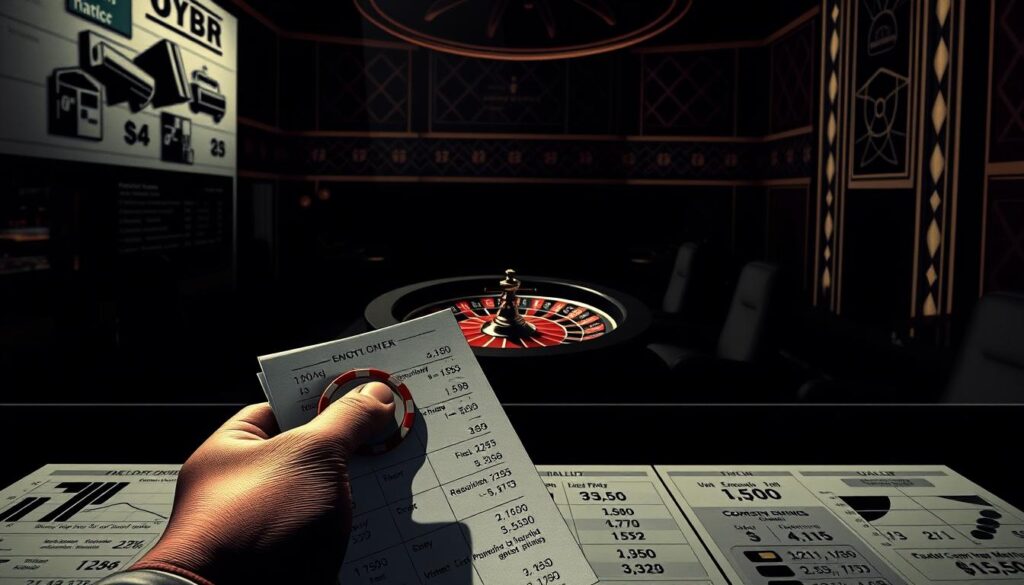 A high-contrast, detailed illustration of the Kelly Criterion, a mathematical formula used in sports betting to optimize risk and reward. In the foreground, a hand holding a betting slip or casino chip, surrounded by a grid of statistical data and financial charts. In the middle ground, a roulette wheel or other gambling apparatus, casting dramatic shadows. In the background, a dimly lit casino or sportsbook interior, with geometric patterns and architectural elements evoking a sense of calculated strategy. Dramatic chiaroscuro lighting, a narrow depth of field, and a muted color palette convey the serious, analytical nature of the subject matter.