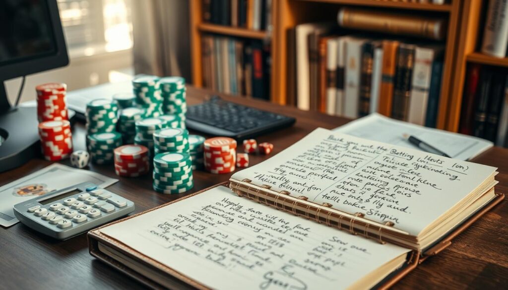 A neatly organized desk with stacks of poker chips, dice, and a calculator. The lighting is soft and natural, casting a warm glow across the scene. In the foreground, a leather-bound notebook lies open, revealing handwritten notes on bankroll management and betting strategies. In the background, a bookshelf filled with financial and gambling-related literature adds a sense of scholarly depth. The overall atmosphere conveys a thoughtful, analytical approach to responsible betting, reflecting the "Betting Units and Your Bankroll" section of the article.