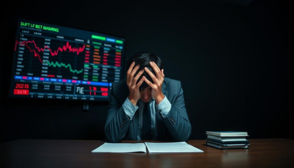 A person sits at a desk, their face in their hands, displaying a sense of distress. The room is dimly lit, with muted tones and a somber atmosphere. In the background, a large screen displays stock market graphs and sports betting odds, a stark contrast to the figure's body language. The scene conveys the emotional toll and potential for addiction associated with sports betting, emphasizing the importance of responsible gambling practices and the ability to walk away when necessary. Soft lighting casts shadows, creating a pensive, contemplative mood. The composition draws the viewer's attention to the central figure, highlighting the internal struggle of managing one's impulses and emotions in the face of temptation.