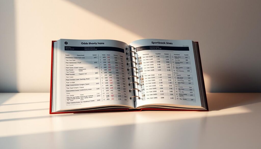 A sleek, modern playbook showcasing odds comparisons across multiple sportsbooks. The playbook is displayed on a clean, minimalist desk, bathed in warm, directional lighting that accentuates the clean lines and precise typography. The pages of the playbook are open, revealing detailed spreads that juxtapose odds and betting lines, allowing the viewer to clearly see the benefits of shopping around for the best value. The overall mood is one of analytical precision and data-driven decision making, inviting the viewer to engage with the content in a thoughtful, strategic manner.