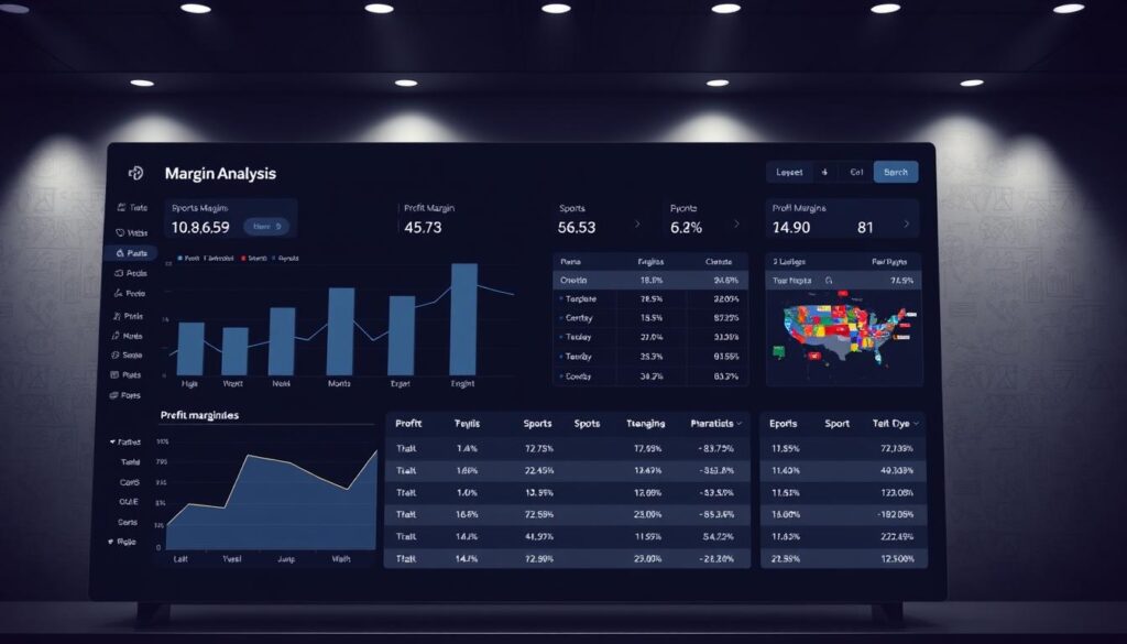 A sleek, modern sportsbook dashboard displaying key margin analysis data. In the foreground, a large graph charts profit margins over time, with clean data visualizations and intuitive UI elements. In the middle ground, a table shows detailed breakdowns of individual sport margins, highlighted in a neutral color palette. The background features a sophisticated, minimalist interface with subdued lighting, creating a professional, data-driven atmosphere. The overall impression is one of analytical precision and strategic insight into the inner workings of a successful sportsbook operation.